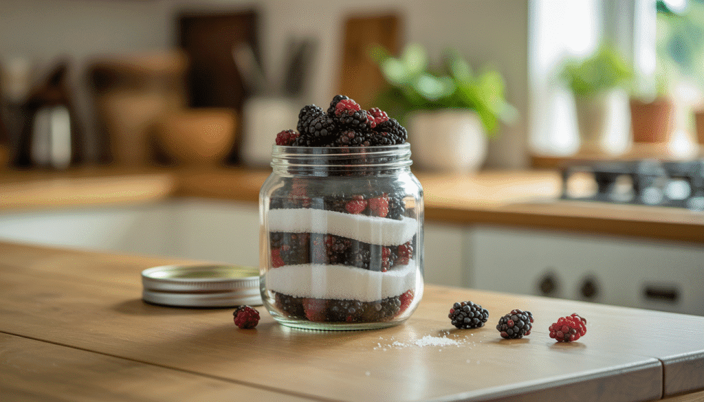 Bocal en verre rempli de mûres sauvages mûres et de couches de sucre blanc sur une table en bois dans une cuisine lumineuse