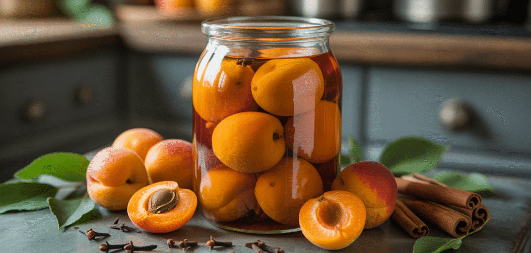 Glass jar of halved apricots in sugar and alcohol with cinnamon and cloves