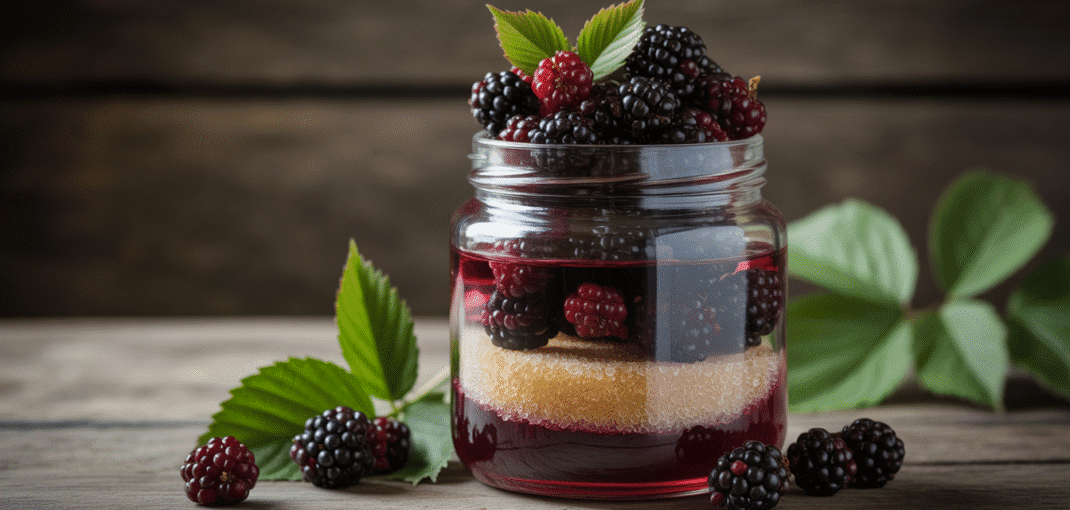Glass jar of ripe wild blackberries layered with sugar and alcohol