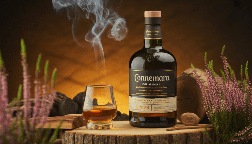 Bouteille de Connemara Original avec verre de whisky ambre, tourbe fumante, bois et fleurs de bruyère