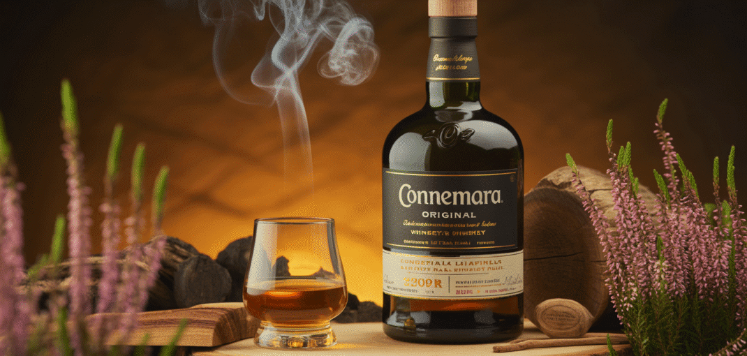 Bouteille de Connemara Original avec verre de whisky ambre, tourbe fumante, bois et fleurs de bruyère