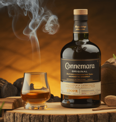 Bouteille de Connemara Original avec verre de whisky ambre, tourbe fumante, bois et fleurs de bruyère