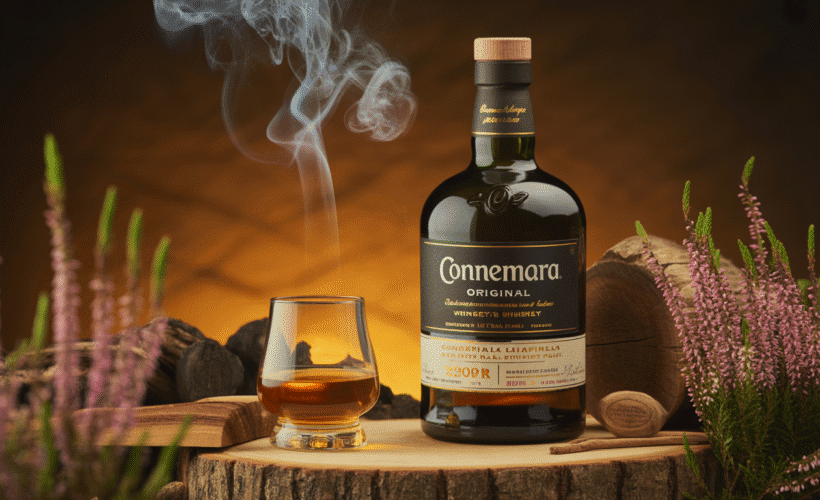 Bouteille de Connemara Original avec verre de whisky ambre, tourbe fumante, bois et fleurs de bruyère
