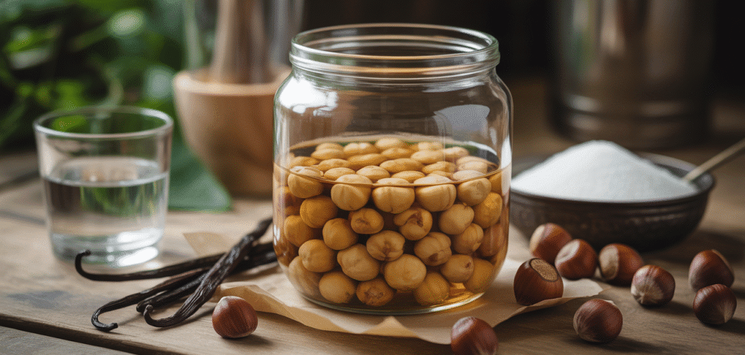 Glass jar of roasted hazelnuts in alcohol with sugar and vanilla