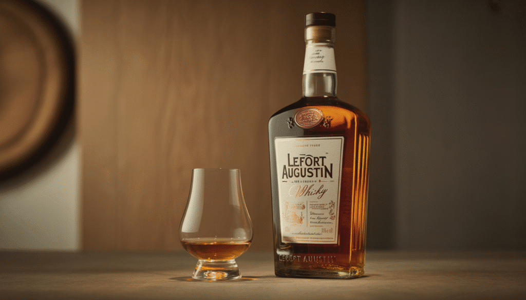 Bouteille élégante de whisky Lefort Augustin avec verre sur fond boisé