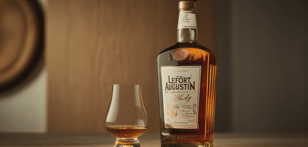 Bouteille élégante de whisky Lefort Augustin avec verre sur fond boisé