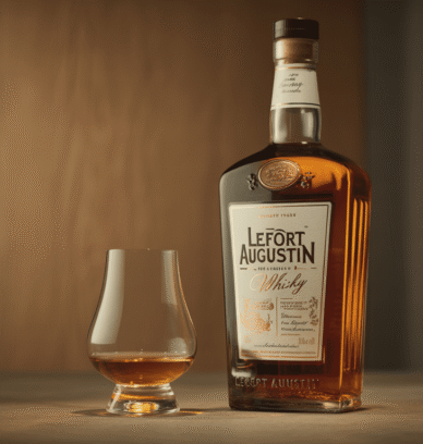 Bouteille élégante de whisky Lefort Augustin avec verre sur fond boisé