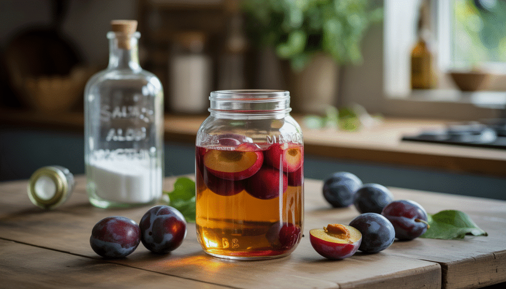 Glass jar of crushed plums soaking in clear alcohol, with sugar jar and alcohol bottle in a farmhouse kitchen