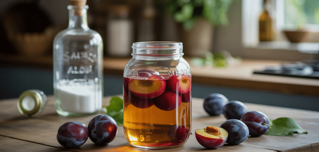Glass jar of crushed plums soaking in clear alcohol, with sugar jar and alcohol bottle in a farmhouse kitchen