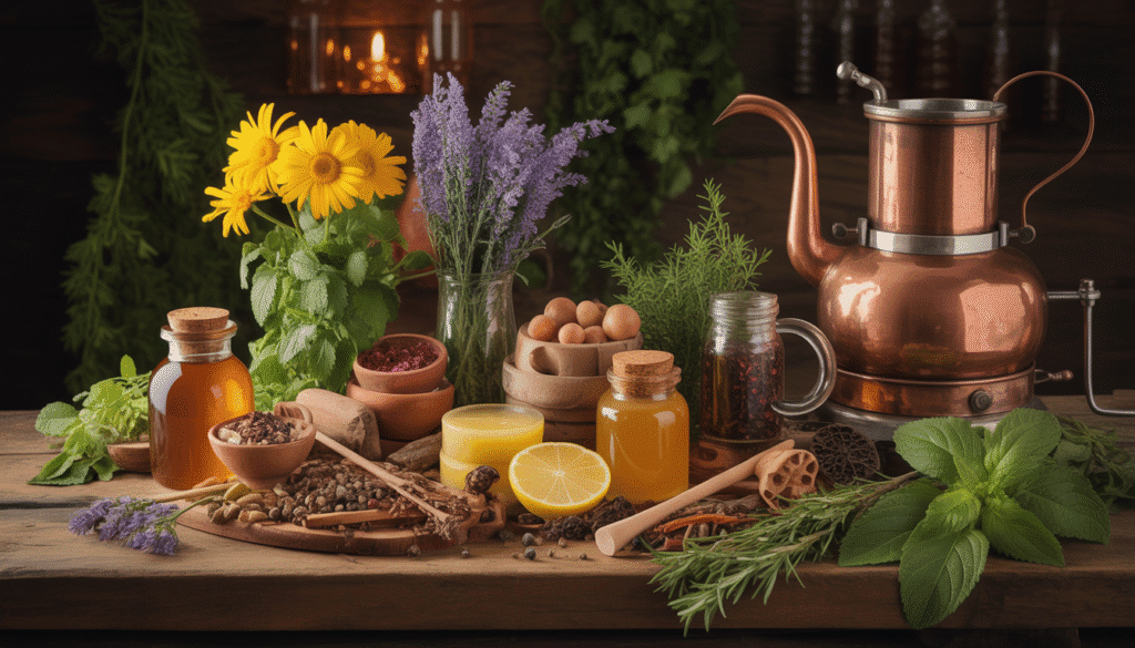 Mélange d'herbes, fleurs, épices et miel avec alambic en cuivre