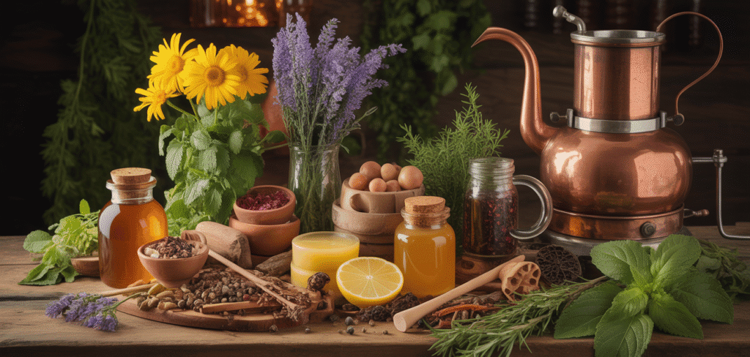 Mélange d'herbes, fleurs, épices et miel avec alambic en cuivre