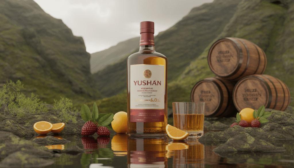 Bouteille de Yushan Whisky sur fond de montagne avec fruits tropicaux