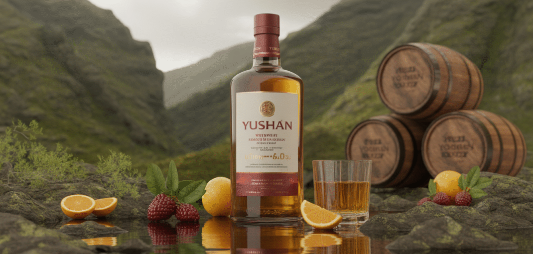 Bouteille de Yushan Whisky sur fond de montagne avec fruits tropicaux