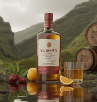 Bouteille de Yushan Whisky sur fond de montagne avec fruits tropicaux