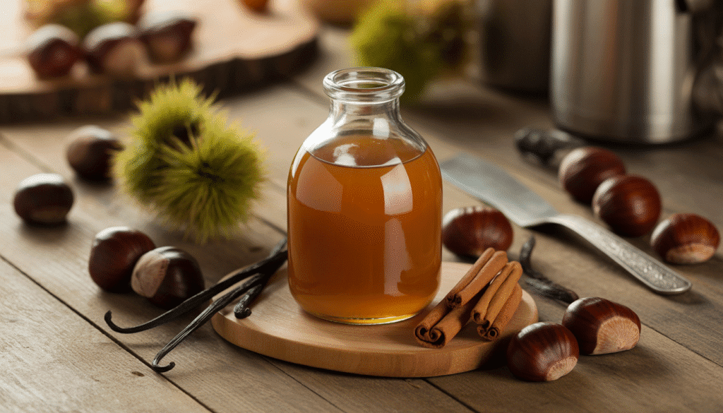 Bocal de liqueur de châtaigne entouré de châtaignes et épices sur table en bois