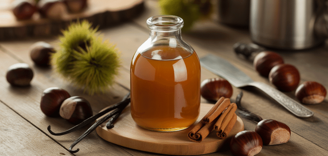 Bocal de liqueur de châtaigne entouré de châtaignes et épices sur table en bois