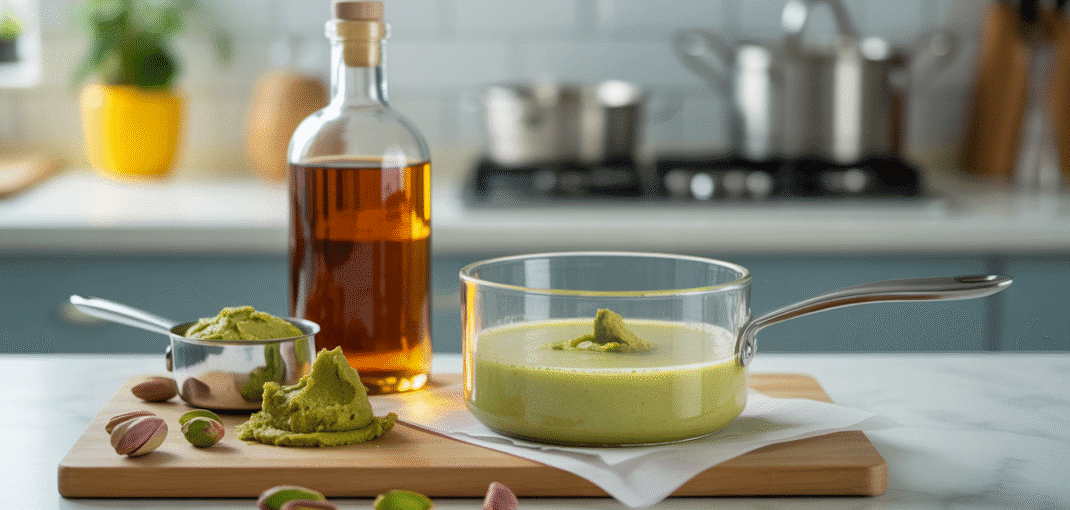 Close-up of pistachio paste and saucepan with creamy mixture