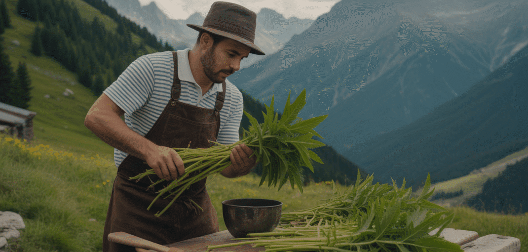 Artisan cueillant des racines de gentiane jaune en montagne alpine