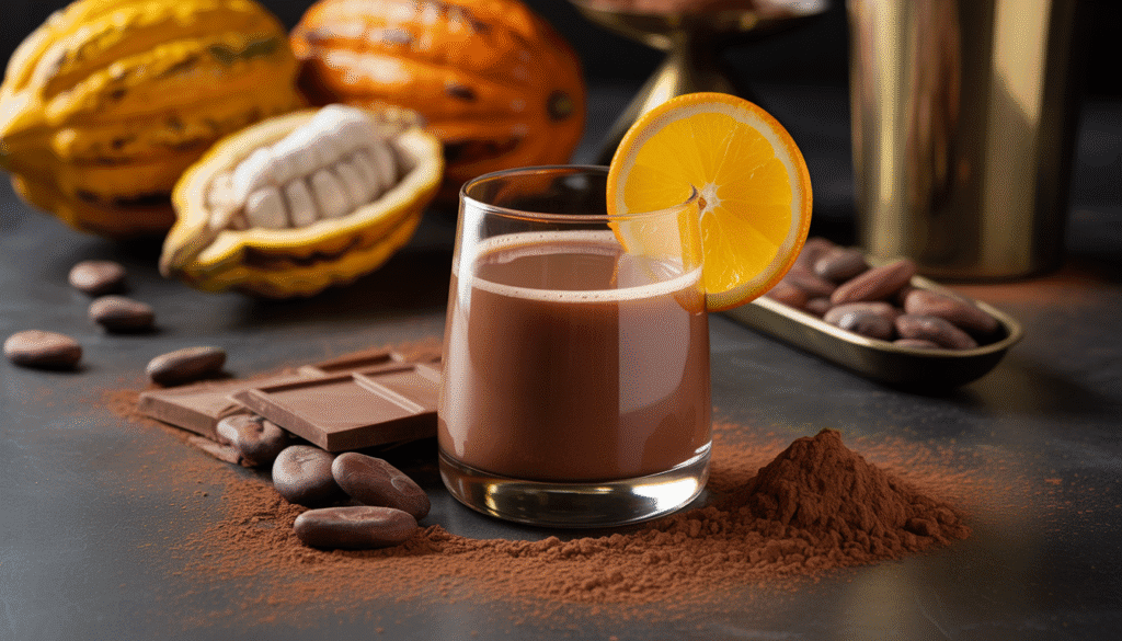 Elegant glass of cacao liqueur cocktail with orange slice and cocoa beans in warm lighting