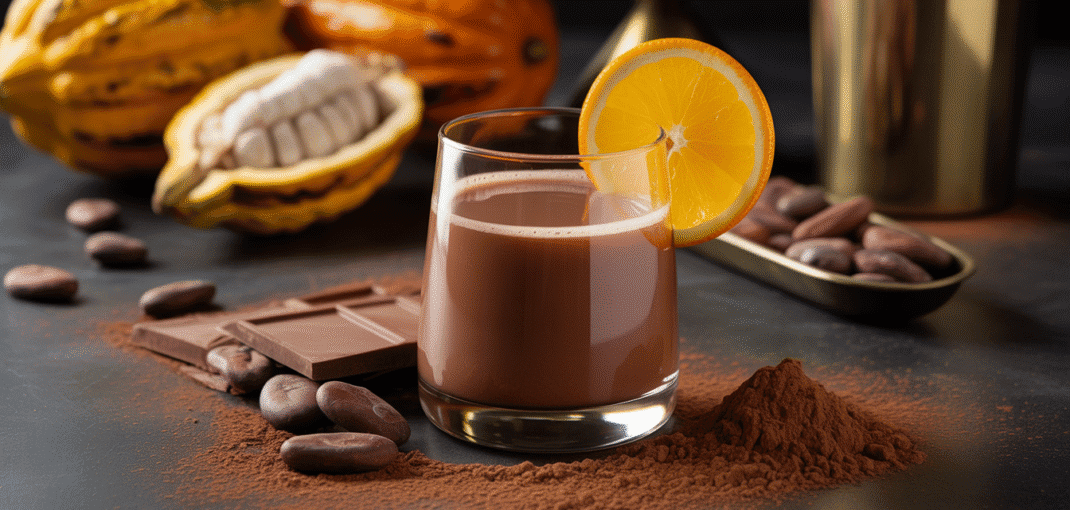 Elegant glass of cacao liqueur cocktail with orange slice and cocoa beans in warm lighting