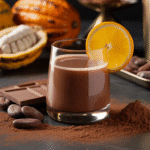 Elegant glass of cacao liqueur cocktail with orange slice and cocoa beans in warm lighting