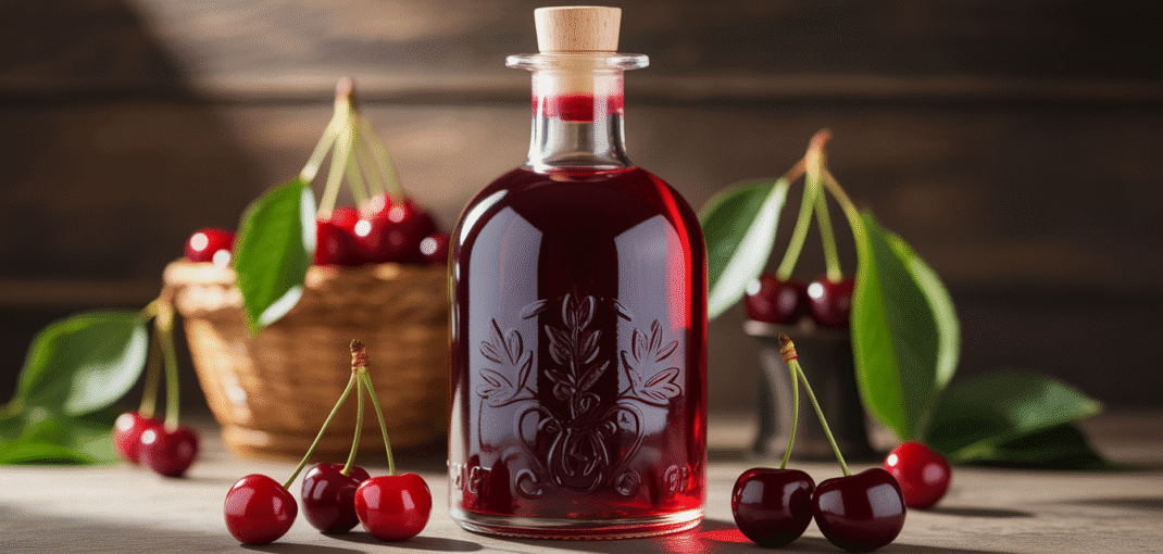 Cherry liqueur bottle with fresh cherries and morello cherries in natural light