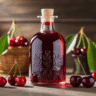 Cherry liqueur bottle with fresh cherries and morello cherries in natural light