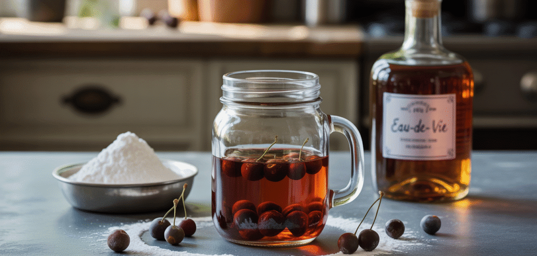 Glass jar of crushed sloes in alcohol with sugar and eau-de-vie in rustic kitchen