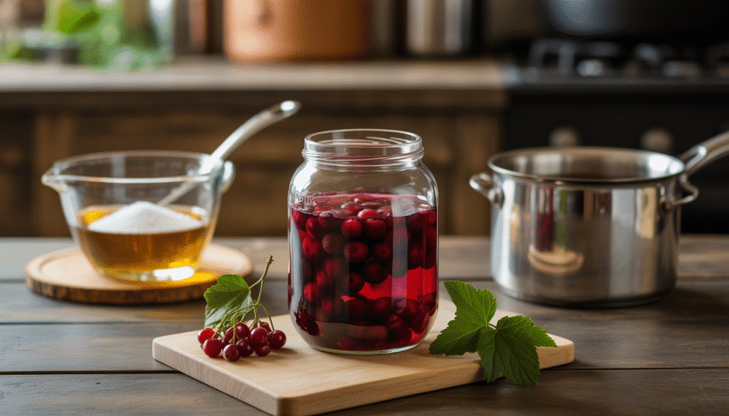 Bocal en verre avec cassis macérés, sucre et sirop sur table en bois