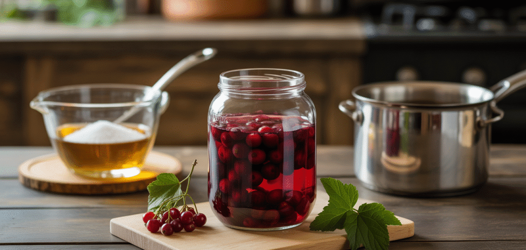 Bocal en verre avec cassis macérés, sucre et sirop sur table en bois