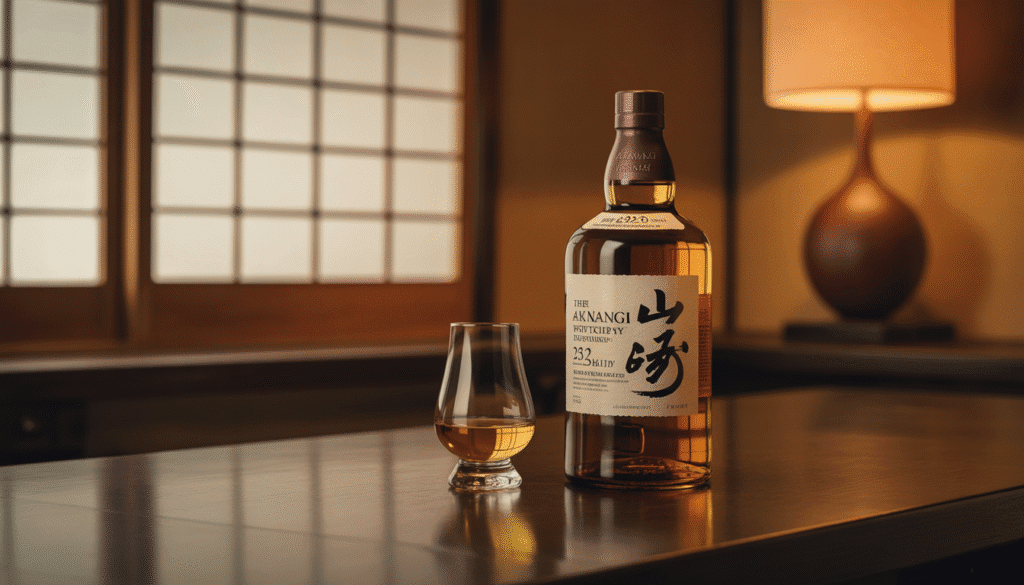 Bouteille de whisky Akanagi avec verre sur table en bois