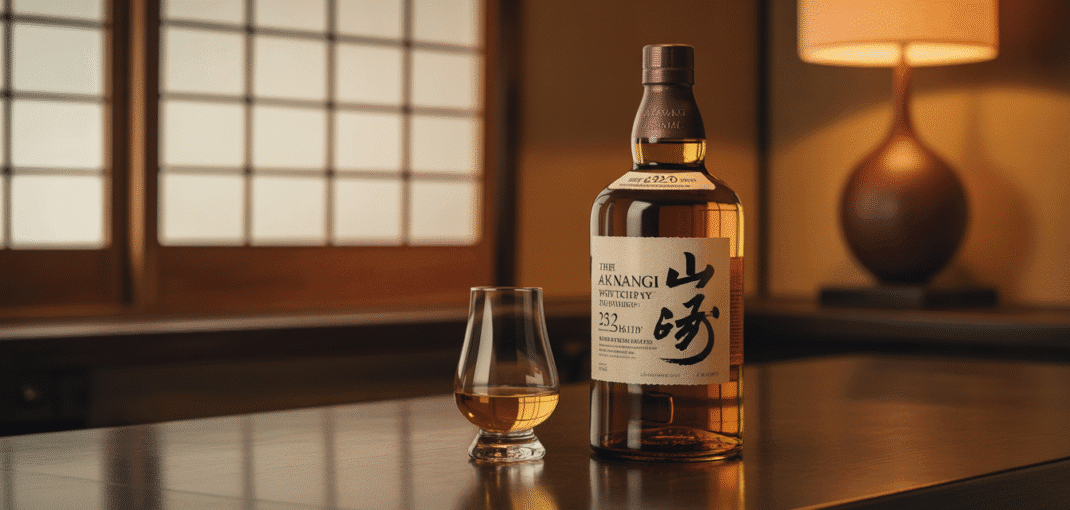 Bouteille de whisky Akanagi avec verre sur table en bois