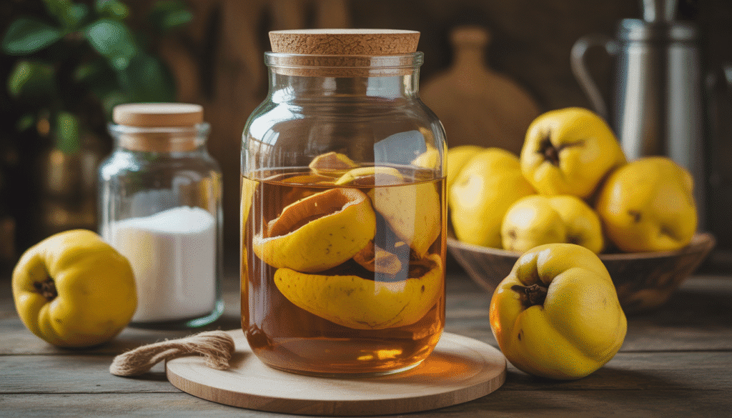 Glass jar with quince peels in alcohol beside sugar and quinces