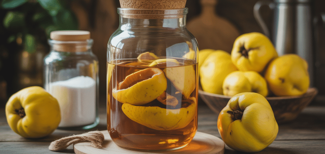 Glass jar with quince peels in alcohol beside sugar and quinces