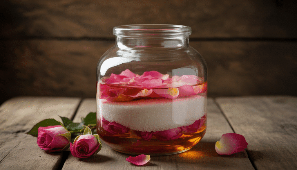 Glass jar with rose petals, sugar, and clear alcohol on wooden table