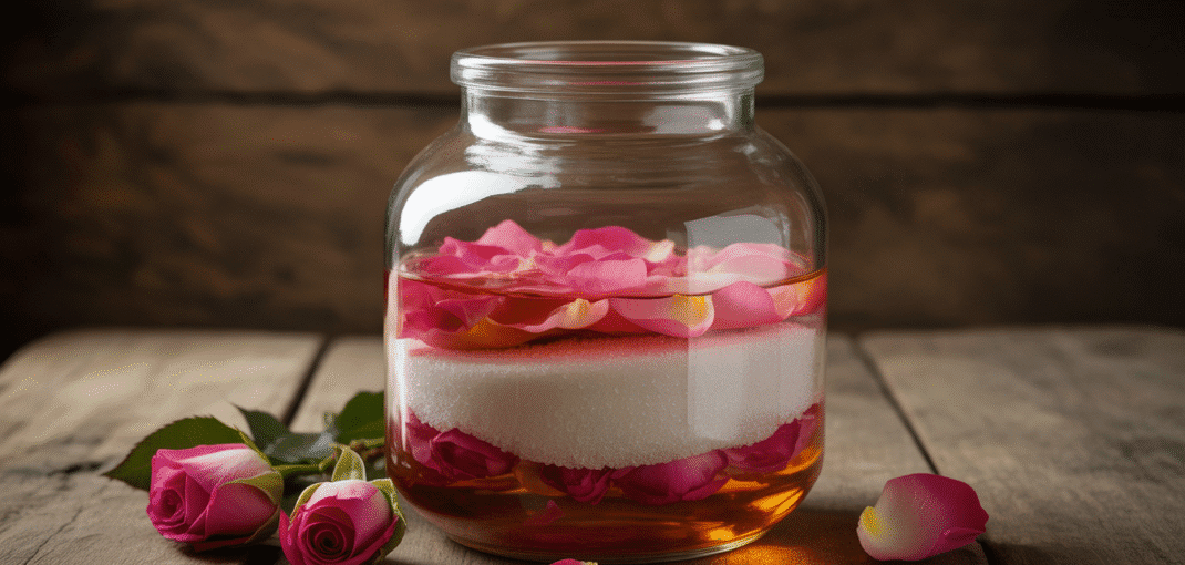 Glass jar with rose petals, sugar, and clear alcohol on wooden table