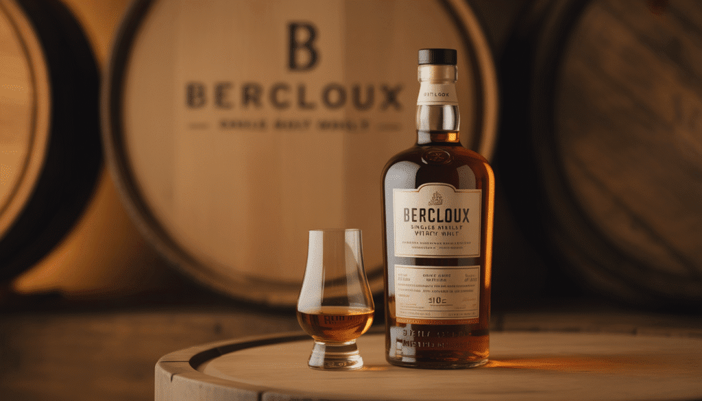 Bouteille de whisky Bercloux Single Malt avec verre ambré sur fond chêne