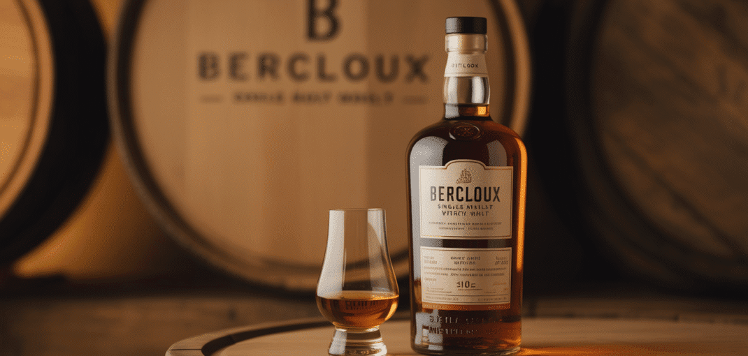 Bouteille de whisky Bercloux Single Malt avec verre ambré sur fond chêne