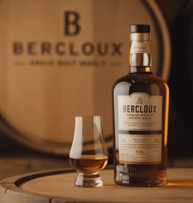 Bouteille de whisky Bercloux Single Malt avec verre ambré sur fond chêne