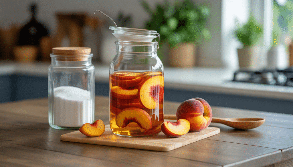 Glass jar with peach slices in vodka beside sugar jar and spoon