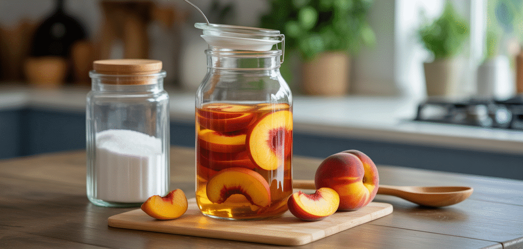 Glass jar with peach slices in vodka beside sugar jar and spoon