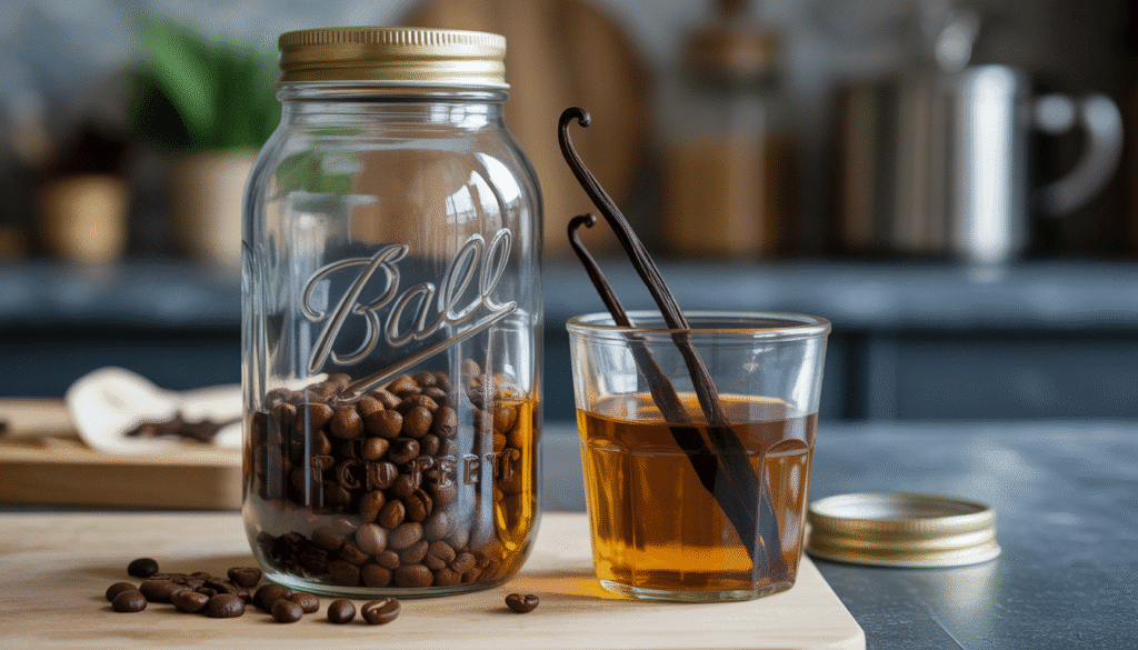 Close-up of crushed coffee beans and vanilla pod in vodka jar