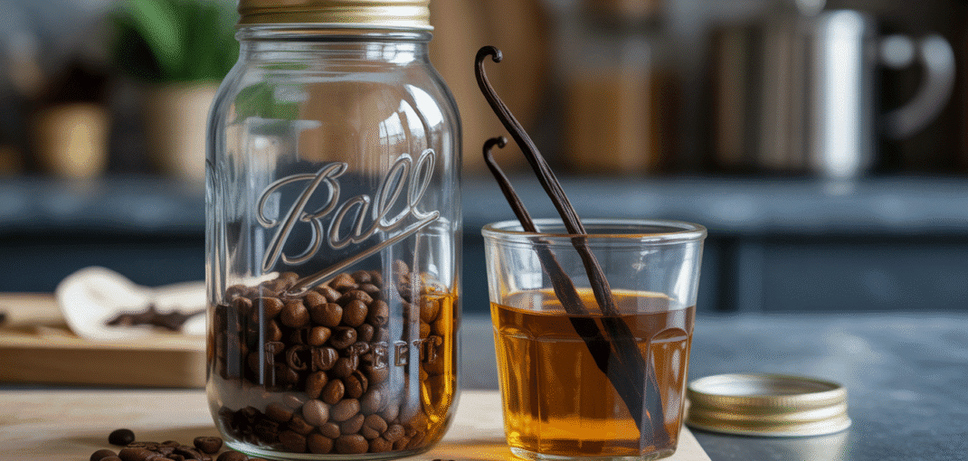 Close-up of crushed coffee beans and vanilla pod in vodka jar