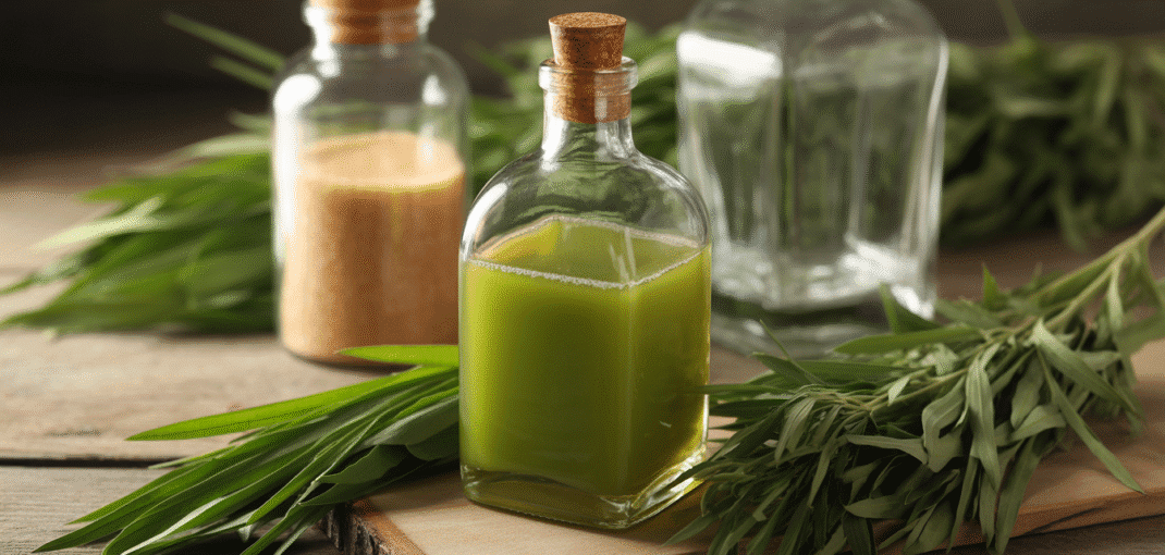 Bouteille d’absinthe verte avec feuilles d’armoise et sirop