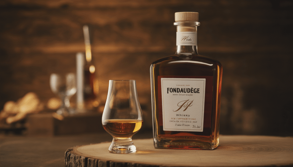 Bouteille de whisky Fondaudège et verre sur bois, lumière chaude