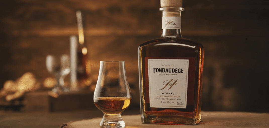 Bouteille de whisky Fondaudège et verre sur bois, lumière chaude