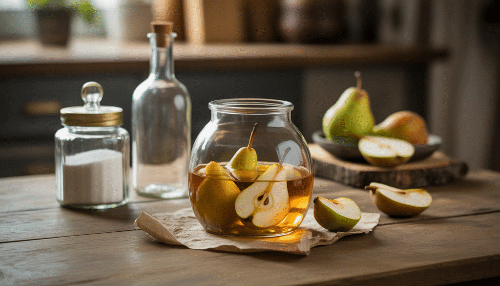 Glass jar with pear slices in brandy beside sugar jar and bottle