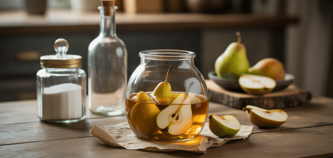 Glass jar with pear slices in brandy beside sugar jar and bottle